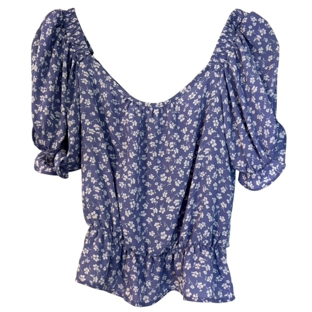 Cynthia Rowley Blue Floral Puff Sleeve Peplum Blouse Size M Coquette Cottagecore